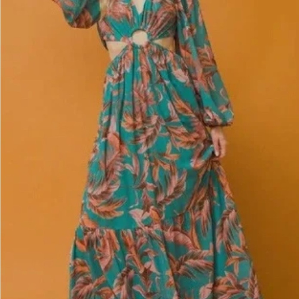Flying tomatoes womens bluegreen Maxi palm print side slit summer party dress M